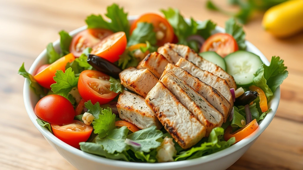 Colorful tuna salad bowl with mixed greens, cherry tomatoes, cucumber slices, bell peppers, and grilled tuna chunks, wooden table setting, natural daylight, appetizing presentation without visible text