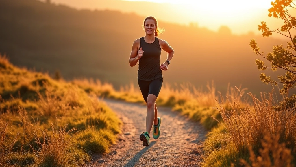 Fit person jogging on scenic trail at sunrise, athletic wear, natural lighting, focus on movement and wellness