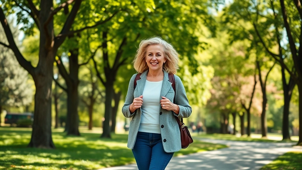 Middle-aged woman walking briskly in park with trees, smiling, natural daylight, healthy lifestyle aesthetic