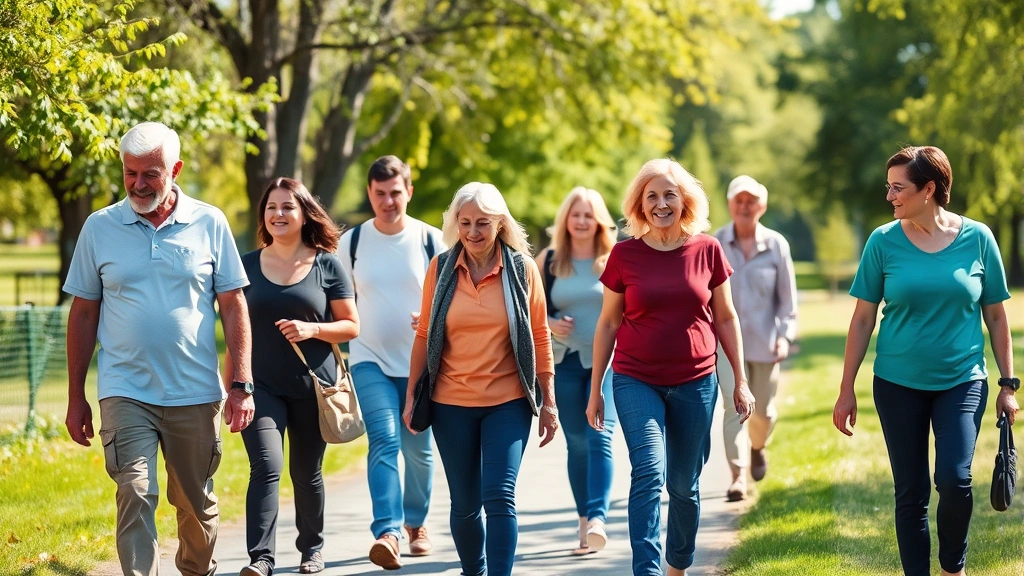 Diverse group walking together outdoors on path, community atmosphere, wellness focus, bright daylight
