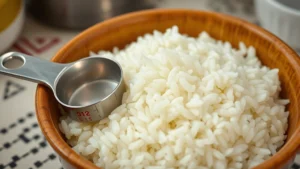 Close-up of steaming white rice in a ceramic bowl with a measuring cup showing proper portion size, soft natural lighting, kitchen countertop background