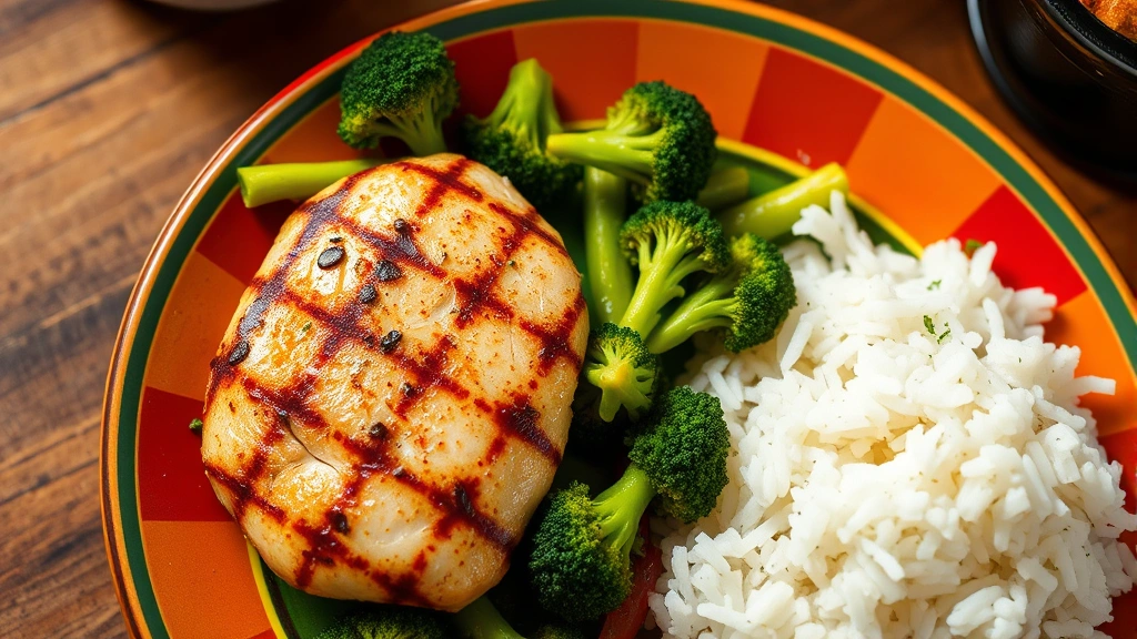 Overhead shot of a colorful plate with grilled chicken breast, steamed broccoli florets, and white rice on the side, vibrant vegetables, warm dining setting