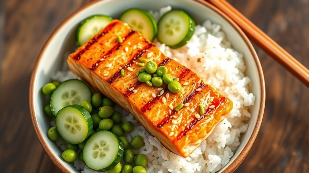 Vibrant Asian-inspired rice bowl with white rice, grilled salmon fillet, edamame, cucumber slices, and sesame seeds, professional food styling, bright natural light