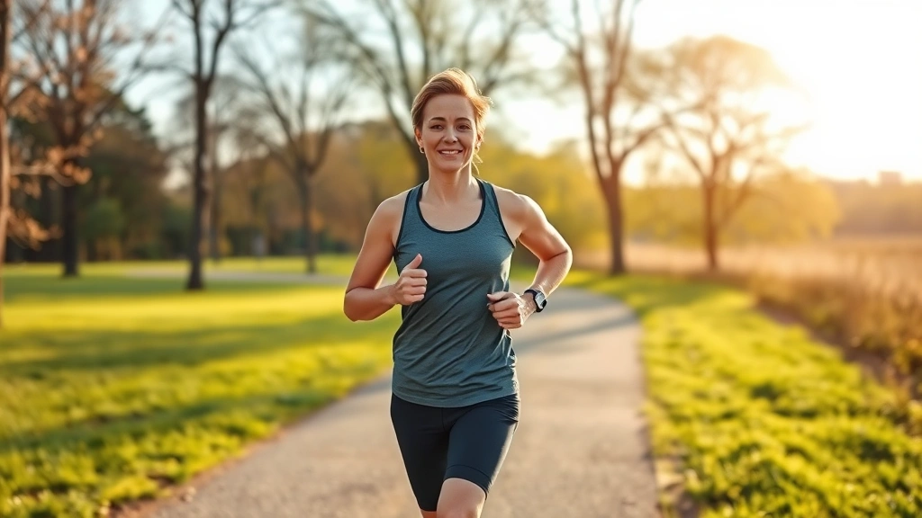 Person jogging outdoors on sunny morning through park trail, athletic wear, focused expression, natural landscape background with trees and green grass