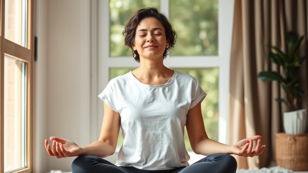Woman meditating peacefully indoors by window with natural light, calm expression, comfortable home setting, wellness and mindfulness practice