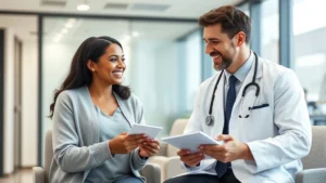 A professional healthcare setting with a diverse female patient discussing medication options with a male doctor wearing white coat and stethoscope, both smiling, modern clinic background with medical charts visible