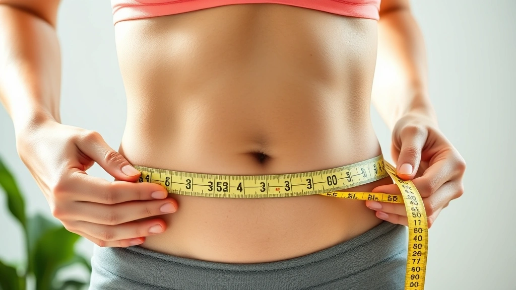 Close-up of a woman's midsection showing weight measurement tape around waist, hands holding tape measure, bright natural lighting, healthy skin tone, no scale or numbers visible