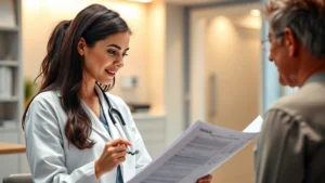 Professional female doctor in white coat reviewing medical charts with patient in clinic setting, warm lighting, supportive demeanor, modern healthcare environment