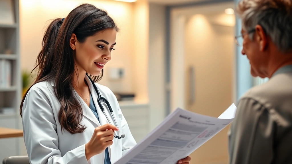 Professional female doctor in white coat reviewing medical charts with patient in clinic setting, warm lighting, supportive demeanor, modern healthcare environment