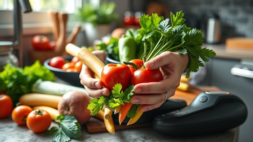 Close-up of hands holding fresh vegetables and healthy food items on kitchen counter, natural daylight streaming through window, vibrant colors of produce