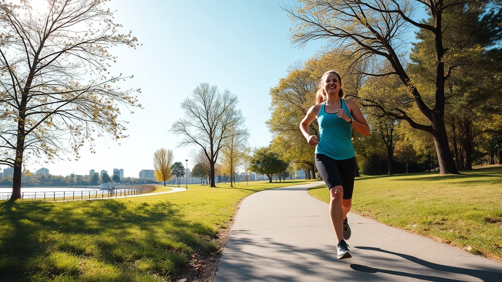 Person jogging outdoors on sunny day through park path, athletic wear, positive energy, natural scenery with trees and open sky