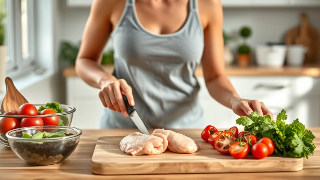 Person meal prepping healthy protein-rich foods in modern kitchen, fresh chicken breast and vegetables on cutting board, natural daylight, warm and inviting atmosphere