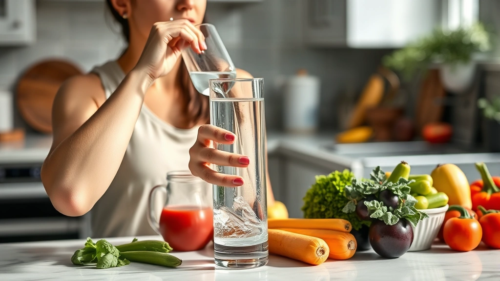 Woman drinking water from glass with fresh vegetables and fruits on kitchen counter nearby, hydration focus, healthy lifestyle aesthetic, natural lighting