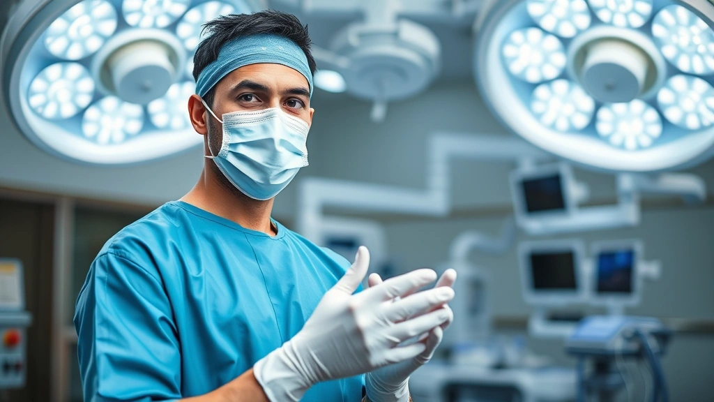 Professional male surgeon in operating room wearing surgical attire and mask, hands in sterile gloves, focused and confident expression, modern hospital setting with surgical equipment visible in background, photorealistic medical environment