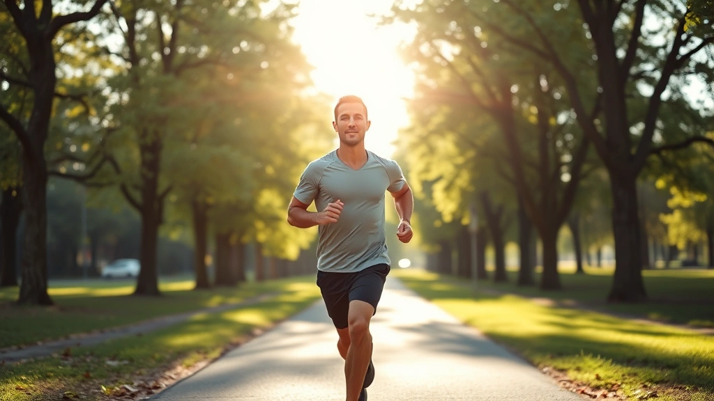 Fit man jogging outdoors in morning sunlight through park, wearing athletic wear, showing confidence and energy, green trees and natural landscape, healthy lifestyle representation, photorealistic wellness imagery