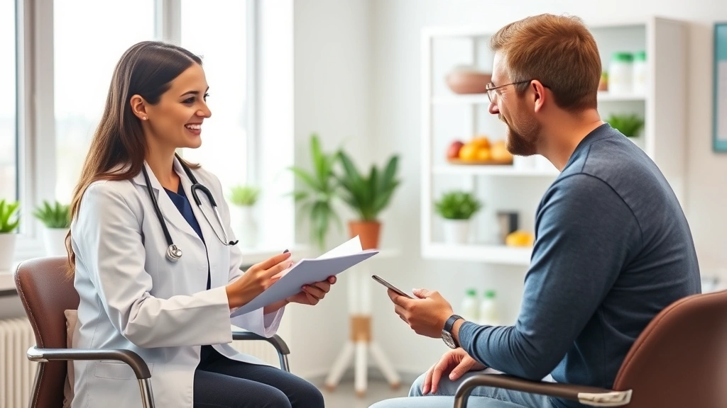 Registered dietitian nutritionist consulting with patient in bright clinical office, reviewing healthy food options and nutritional information, professional healthcare setting, supportive interaction, photorealistic medical consultation