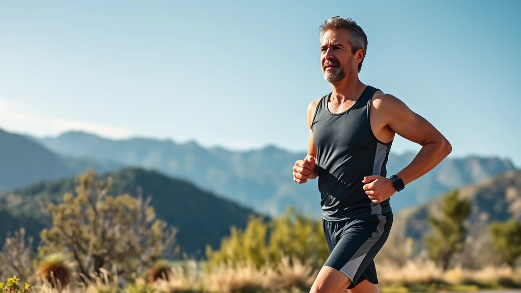 A fit, healthy middle-aged man jogging outdoors on a sunny morning with mountains in background, athletic wear, confident posture, natural lighting