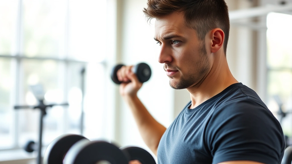 Person doing strength training with dumbbells in a bright, modern gym setting, focused expression, proper form, natural window lighting