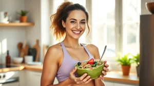 Woman in athletic wear smiling while holding a green smoothie bowl with fresh berries, spinach, and granola in bright kitchen with natural sunlight streaming through windows, representing healthy nutrition and wellness lifestyle