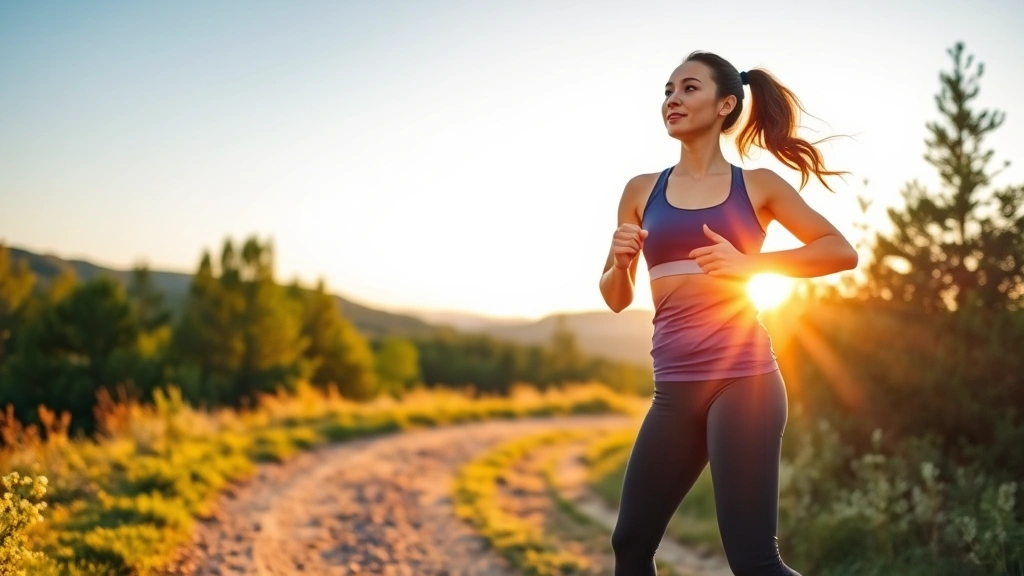 Fit woman jogging outdoors on a scenic trail during golden hour sunset, wearing comfortable athletic clothes and appearing energized, surrounded by green trees and natural landscape representing cardiovascular fitness and outdoor exercise
