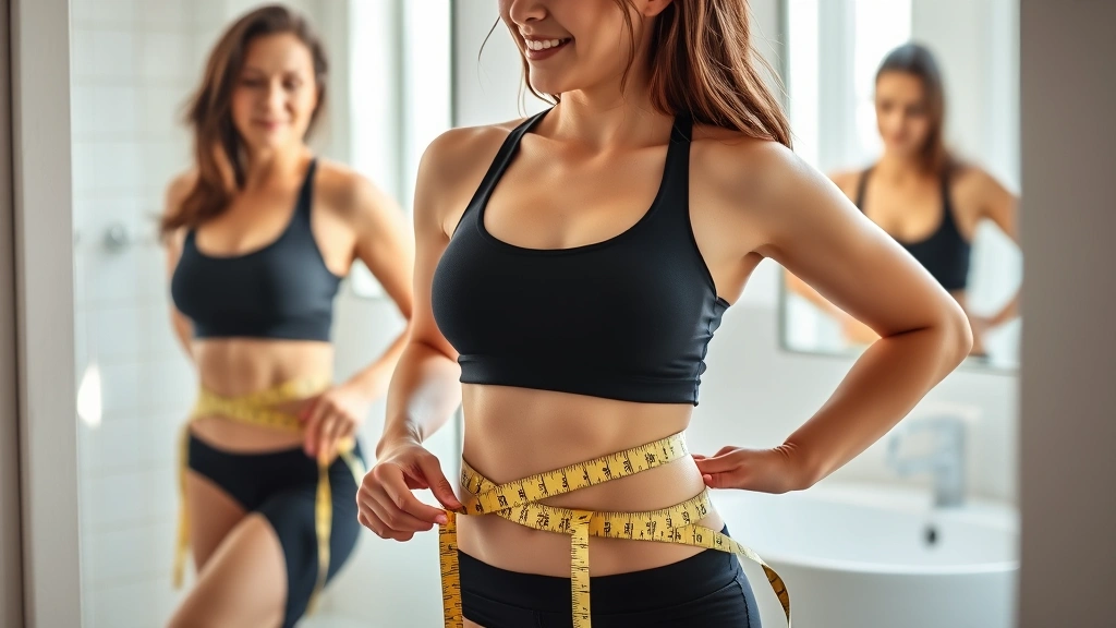 Woman measuring body composition with tape measure around waist while looking confident and healthy in mirror reflection, bright bathroom setting with natural light, representing body transformation and fitness progress tracking