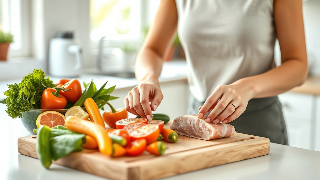 Woman preparing fresh colorful vegetables and lean protein on wooden cutting board in bright kitchen, healthy meal prep scene, photorealistic