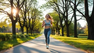 Woman jogging outdoors in morning sunlight on tree-lined path, wearing athletic clothes, healthy and energetic expression, natural environment, wellness-focused