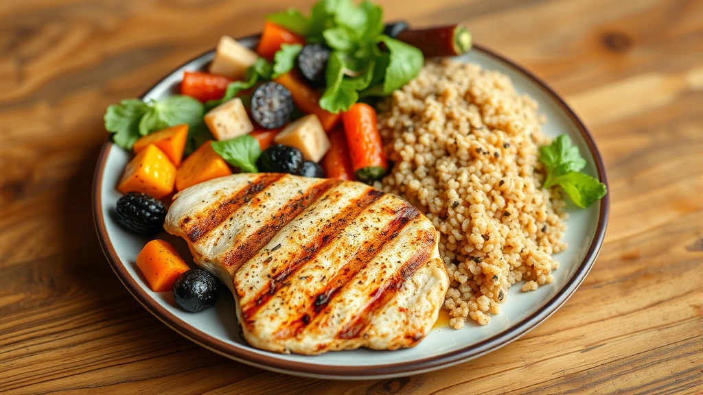 Nutritious meal on plate with grilled chicken breast, roasted vegetables, quinoa, and fresh salad, colorful and appetizing, healthy eating concept, wooden table