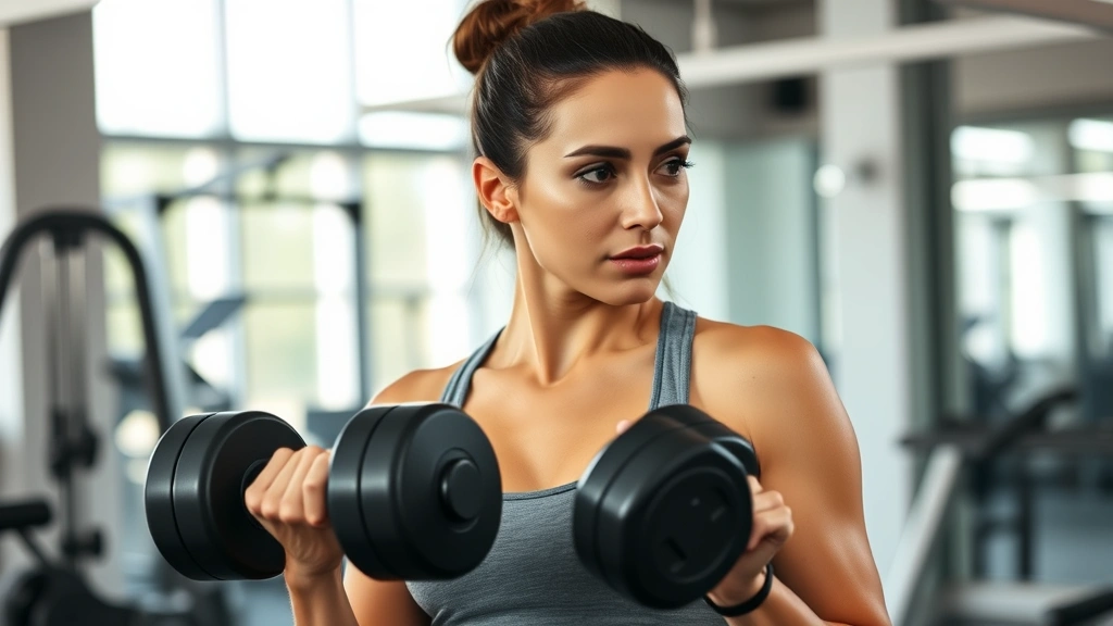 Woman doing strength training with dumbbells in bright gym, focused expression, professional fitness environment, representing muscle building and wellness