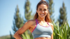 Woman in athletic wear smiling confidently outdoors in natural sunlight, fit and healthy appearance, surrounded by green plants and blue sky background