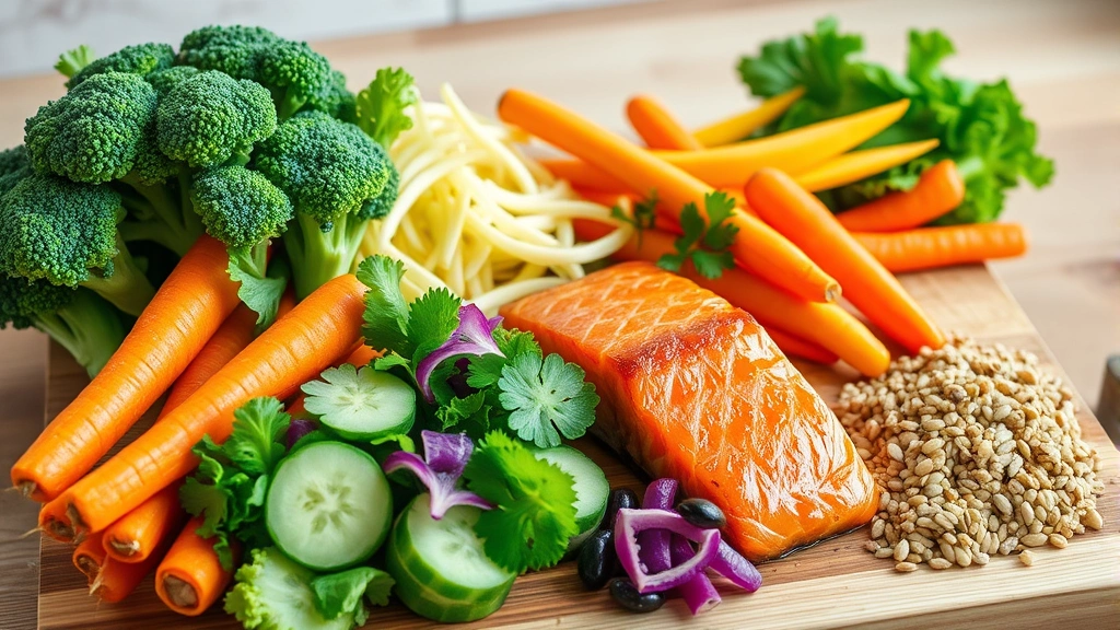 Colorful fresh vegetables and lean proteins arranged on wooden cutting board, vibrant produce including broccoli, carrots, salmon, and whole grains in natural kitchen lighting