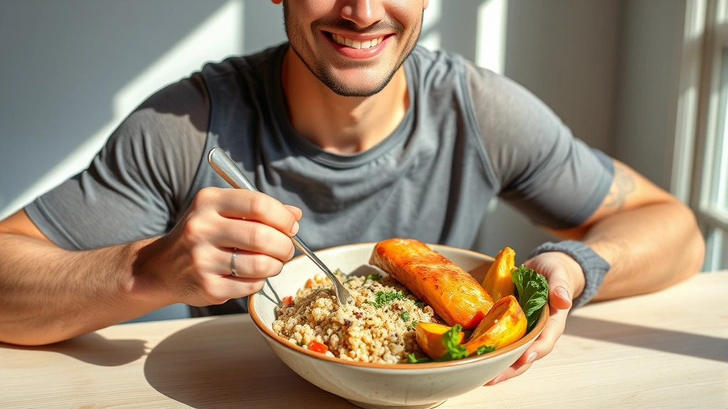 Fit person eating a colorful healthy bowl with salmon, quinoa, and roasted vegetables on a light wooden table, natural sunlight, peaceful expression