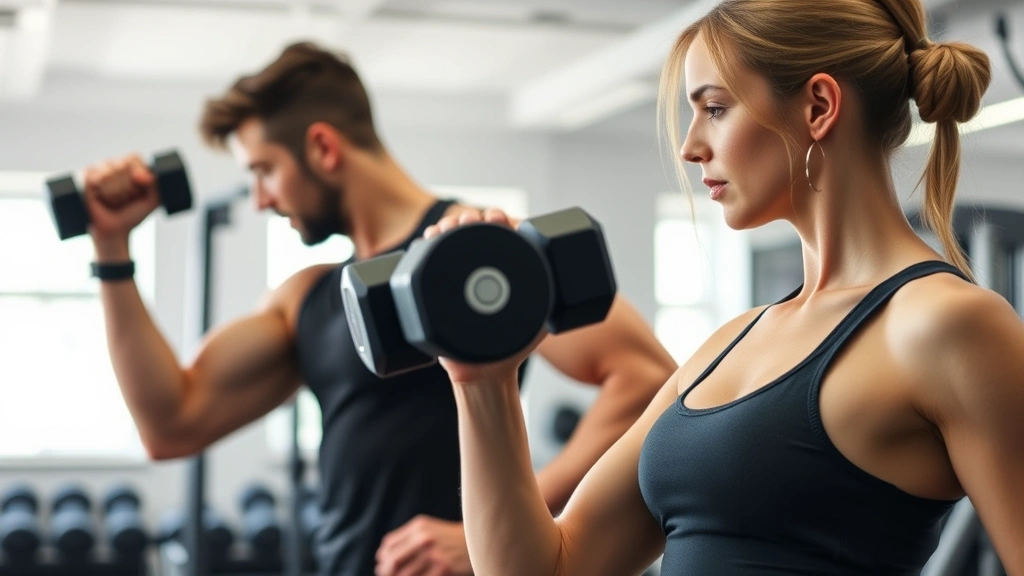 Person doing resistance training with dumbbells in a bright gym, focused form, healthy athletic build, motivational but realistic setting