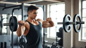 Athletic man in gym setting performing strength training with proper form, natural lighting, motivational atmosphere, no visible numbers or text on equipment