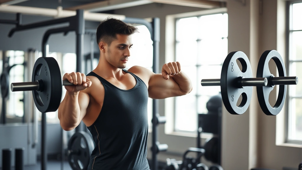Athletic man in gym setting performing strength training with proper form, natural lighting, motivational atmosphere, no visible numbers or text on equipment