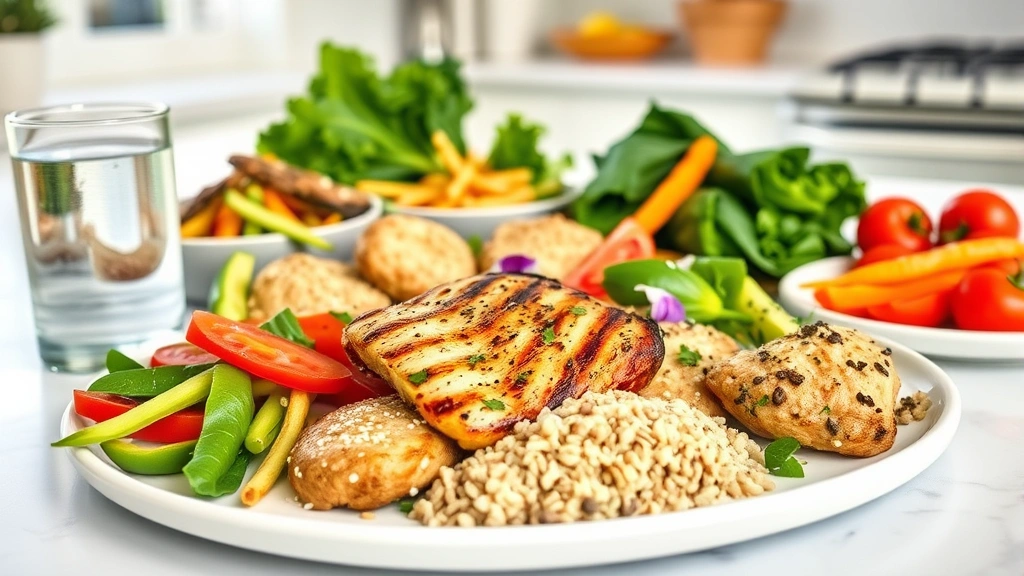 Healthy diverse meal spread with grilled chicken, colorful vegetables, whole grains, and water glass, bright kitchen setting, appetizing presentation, no nutritional labels visible