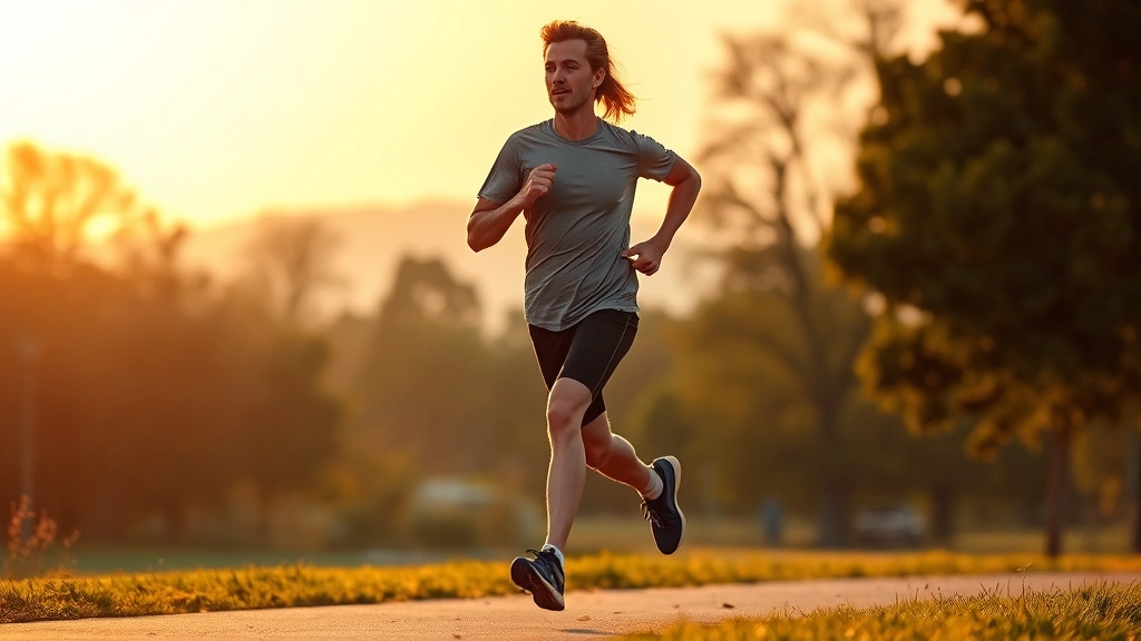 Person jogging outdoors in park during golden hour, active lifestyle, natural landscape background, determination and wellness focus, no fitness tracker displays
