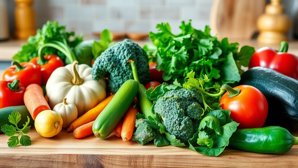Vibrant colorful vegetables and fresh whole foods arranged on a wooden cutting board with soft natural kitchen lighting