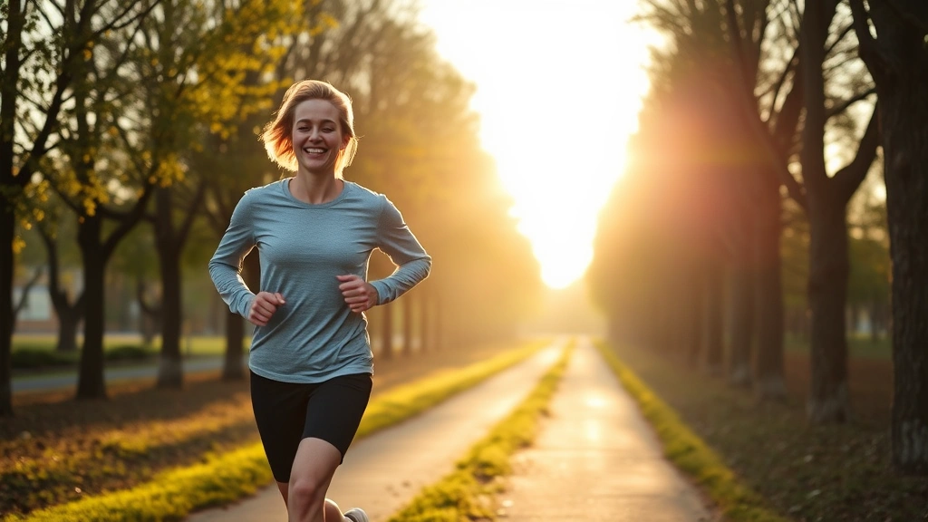 Individual jogging outdoors on a tree-lined path during golden hour, smiling with natural athletic movement and wellness energy