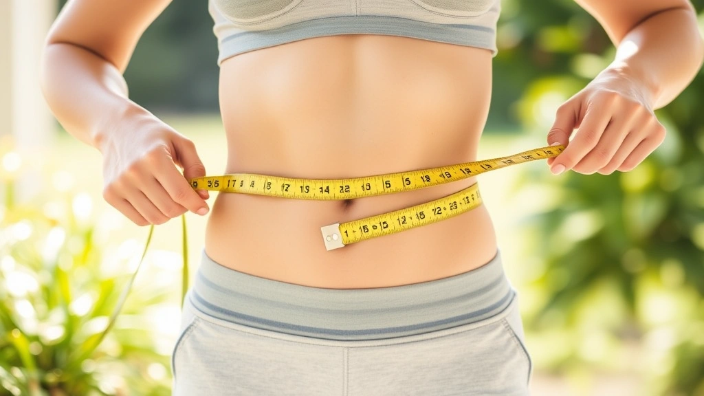 Person measuring waist with tape measure, fit body, natural lighting, wellness focus, motivational atmosphere