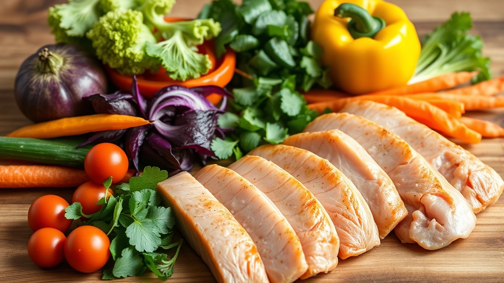 Colorful fresh vegetables and lean proteins on wooden surface, healthy meal preparation, natural daylight, appetizing arrangement