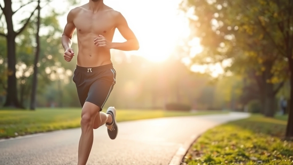 Person jogging outdoors in park, fit athletic build, morning light, healthy lifestyle, natural scenery background