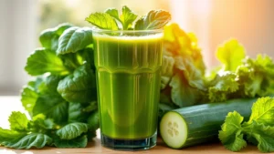 Fresh green vegetable juice in clear glass with spinach, kale, and cucumber beside it, morning sunlight, wellness setting, no text or labels