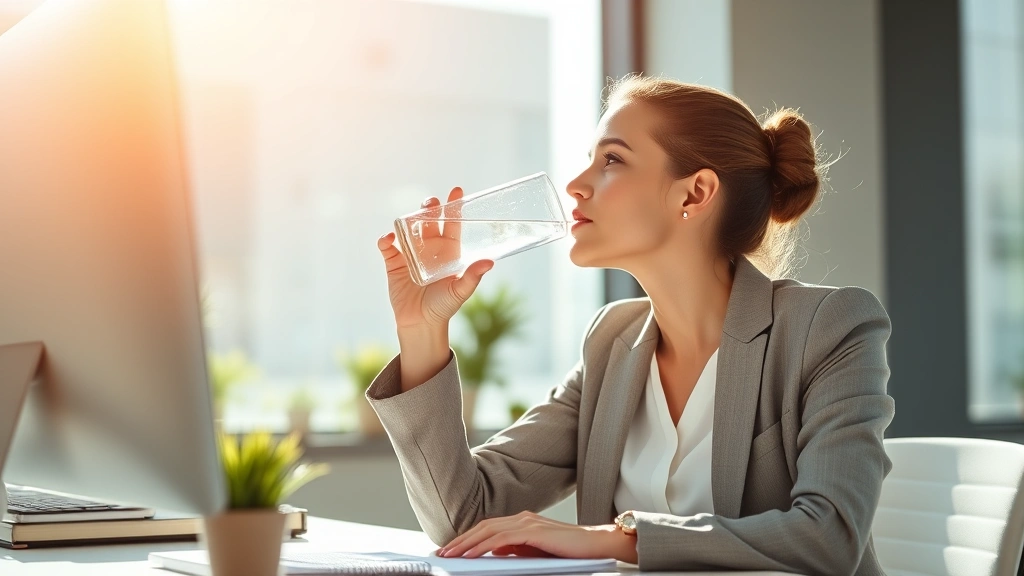 Professional woman in business attire drinking water at her desk, morning sunlight, bright and energetic atmosphere, healthy lifestyle imagery