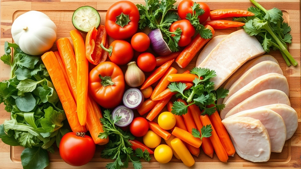 Colorful assortment of fresh vegetables and lean proteins arranged on a wooden cutting board, vibrant produce, meal preparation scene