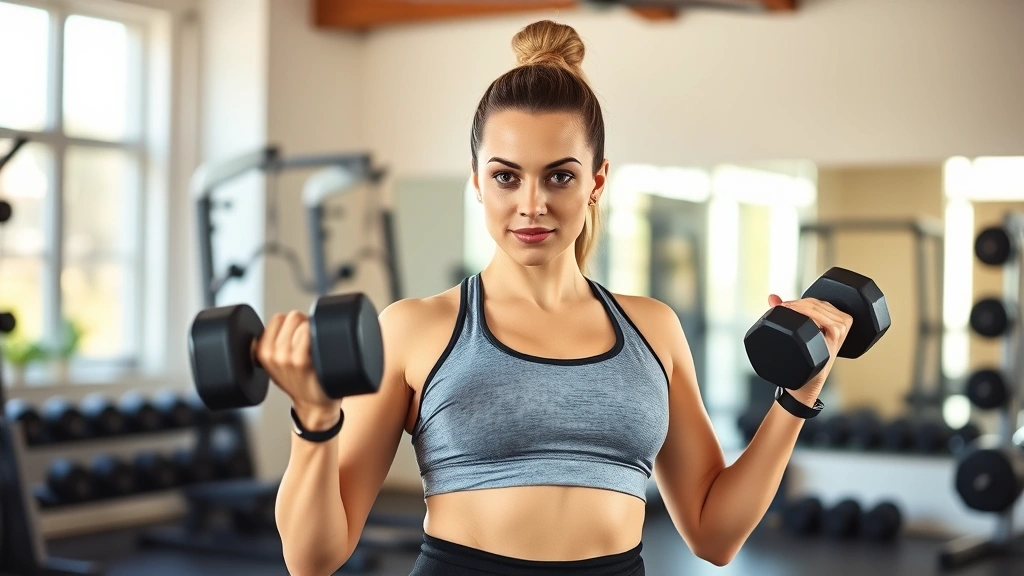 Woman doing strength training with dumbbells in a modern home gym, focused expression, athletic wear, bright natural lighting