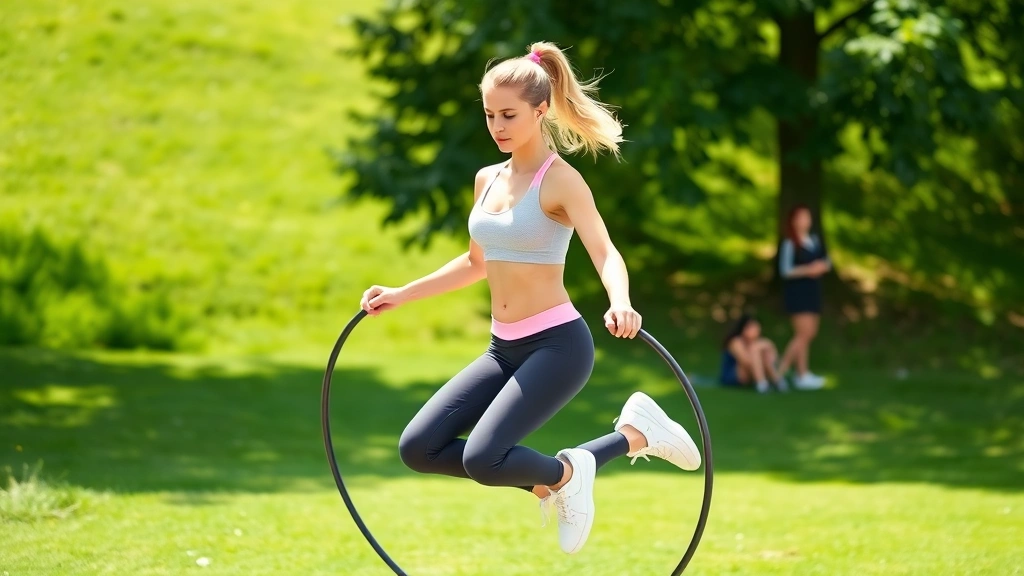 Athletic woman jumping rope outdoors in park, blonde ponytail, white sneakers, focused expression, natural daylight, green grass background, athletic wear, mid-jump motion, wellness lifestyle