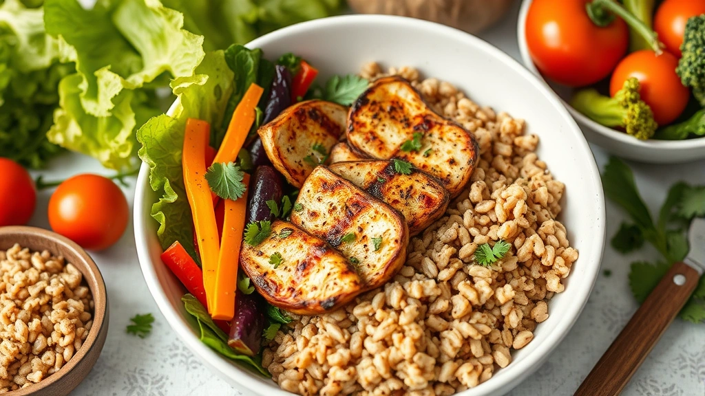 Healthy meal preparation with grilled chicken, colorful vegetables, brown rice bowl, fresh produce, protein-rich foods, nutritionist-approved portions, clean eating aesthetic, wellness lifestyle photography