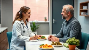 Female registered dietitian in white coat consulting with middle-aged male patient in modern medical office, reviewing nutrition plan and healthy meal options on table, warm supportive environment