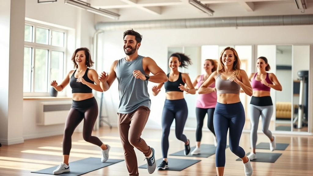 Diverse group of six people in comfortable athletic wear exercising together in bright fitness studio, smiling and engaged in group fitness class, natural lighting from large windows